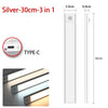 Silver ultra-thin rechargeable motion sensor LED cabinet light with Type-C charging port and 30cm length.
