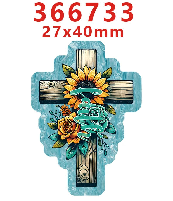 A wooden cross decorated with a sunflower and roses, featuring flowing script on a light blue background.