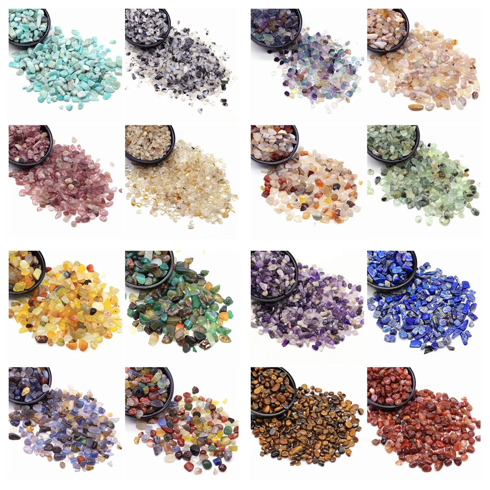 A collection of various natural tumbled crystal stone chips in multiple colors and textures.