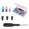 Emergency tire repair kit with rubber screw patches and screwdriver components in an open plastic case