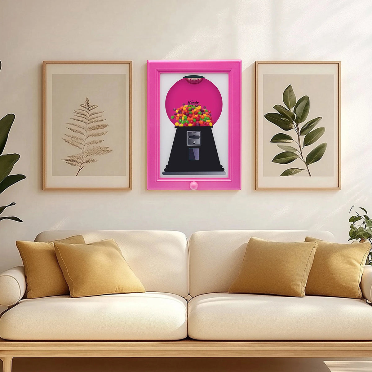 A display featuring a vintage rotating candy frame in pink and white frames on a light wall.
