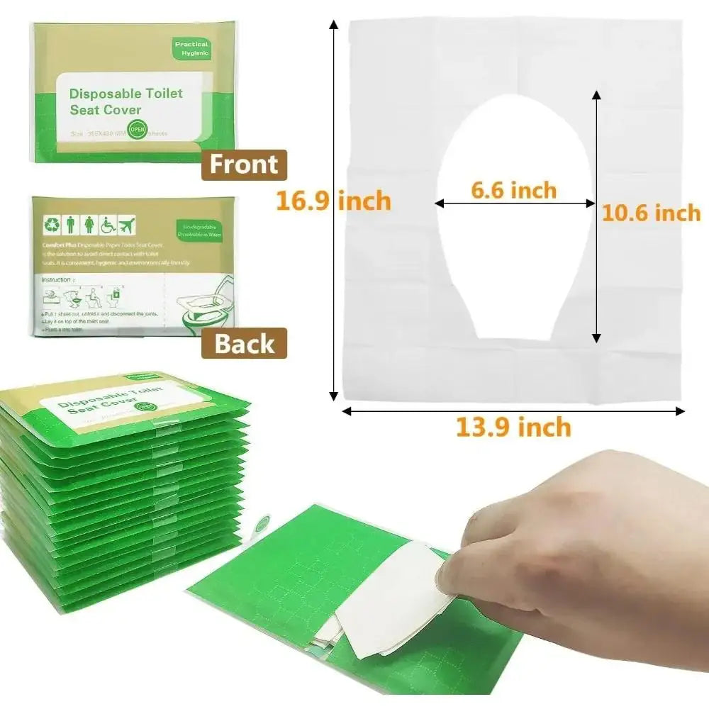A set of green disposable toilet seat covers is shown with front and back views, and a hand is placing one onto the cover.