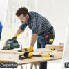 Three men in blue work uniforms are shown using heavy-duty tool pouches with quick-release belt clips for electrical, carpent