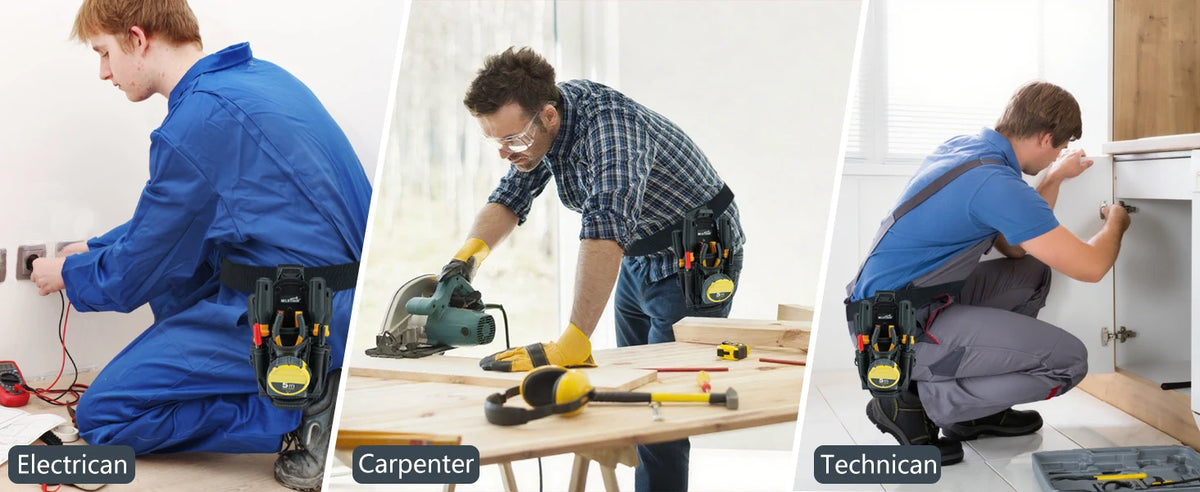Three men in blue work uniforms are shown using heavy-duty tool pouches with quick-release belt clips for electrical, carpent