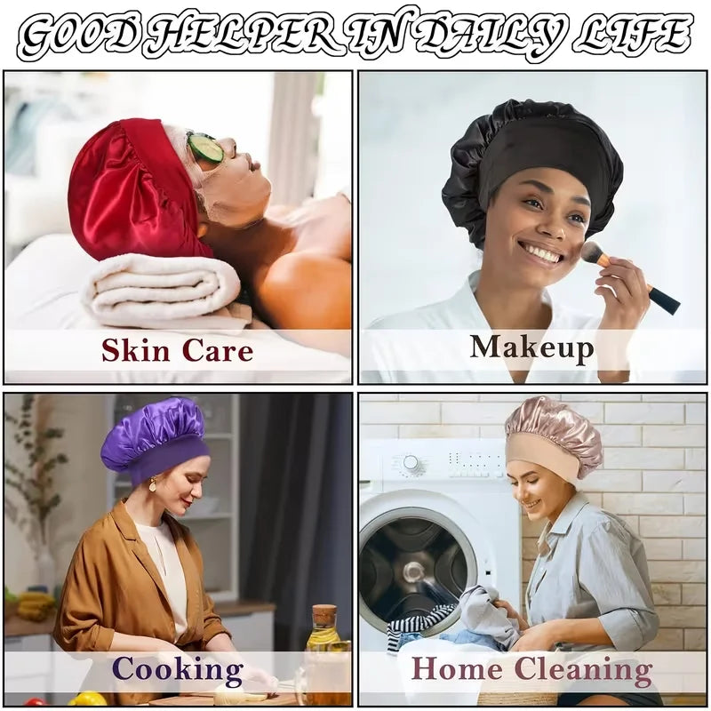 A collage showing a woman performing various daily life tasks including skin care, makeup, cooking, and home cleaning.