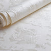 Roll of embossed damask wallpaper featuring a textured floral design on a white background.