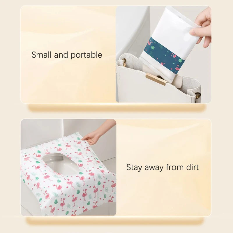 A disposable toilet seat cover is shown being used, highlighting its small and portable design and ability to keep users away