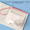 A white dual sewing guide template is shown on a piece of fabric with a red thread and needle for precise stitching.