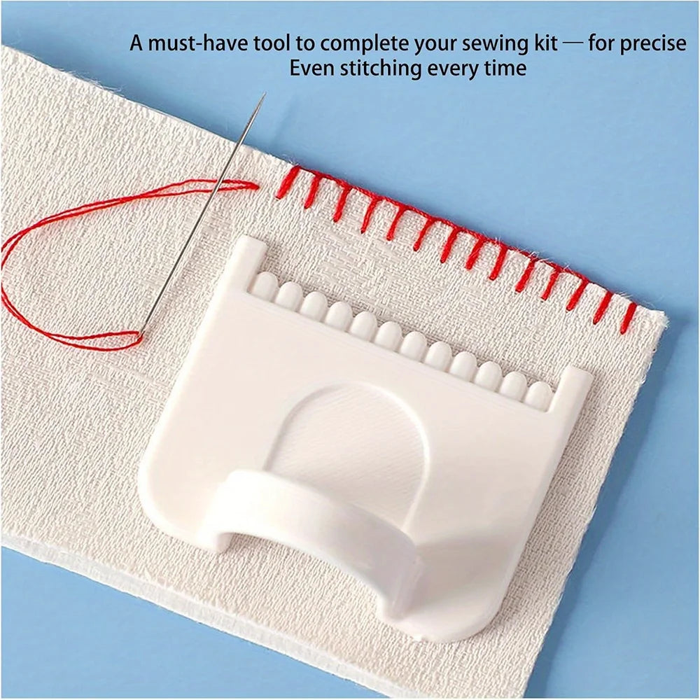A white dual sewing guide template is shown on a piece of fabric with a red thread and needle for precise stitching.