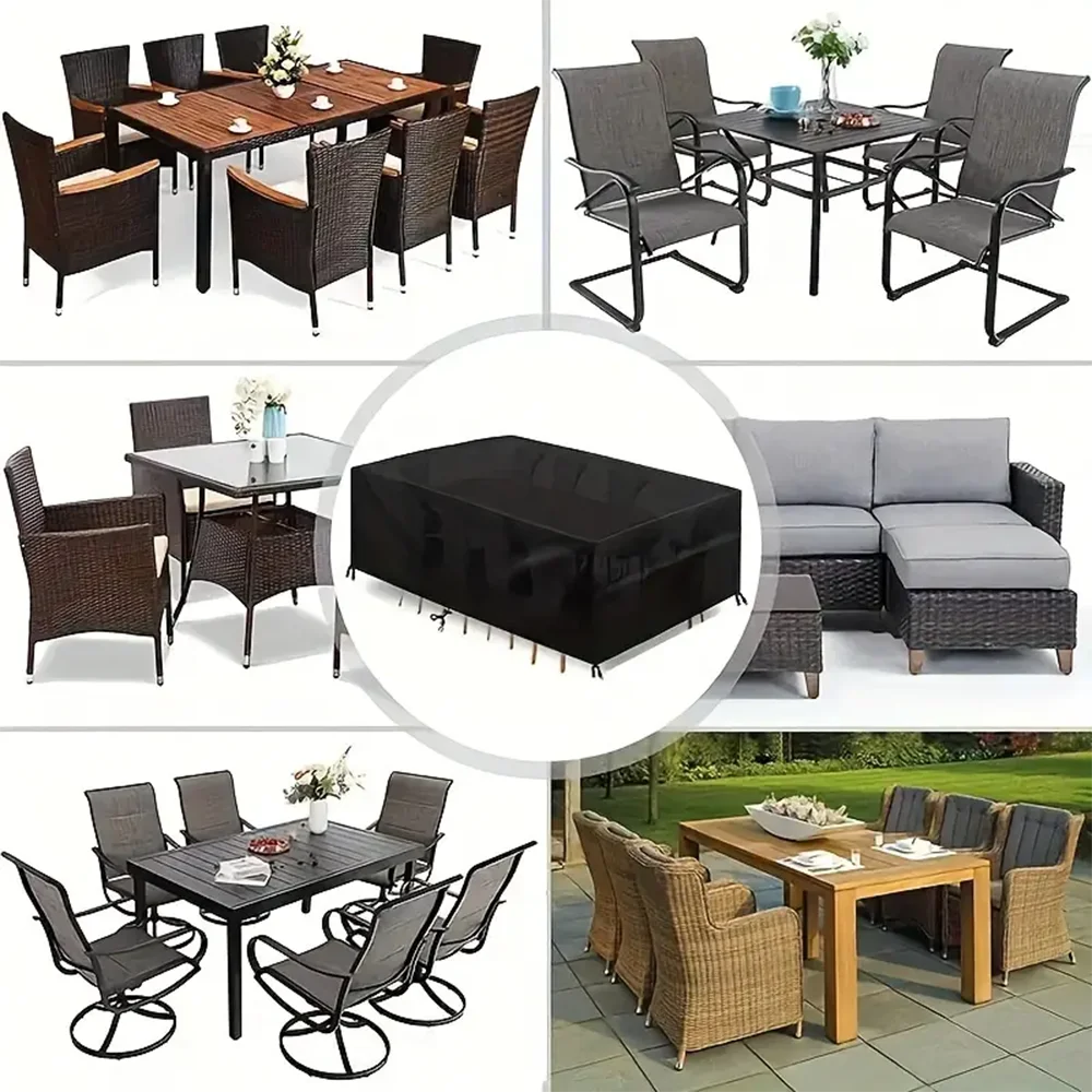 Various waterproof outdoor furniture covers for patio tables and sofas made of wicker and wood.