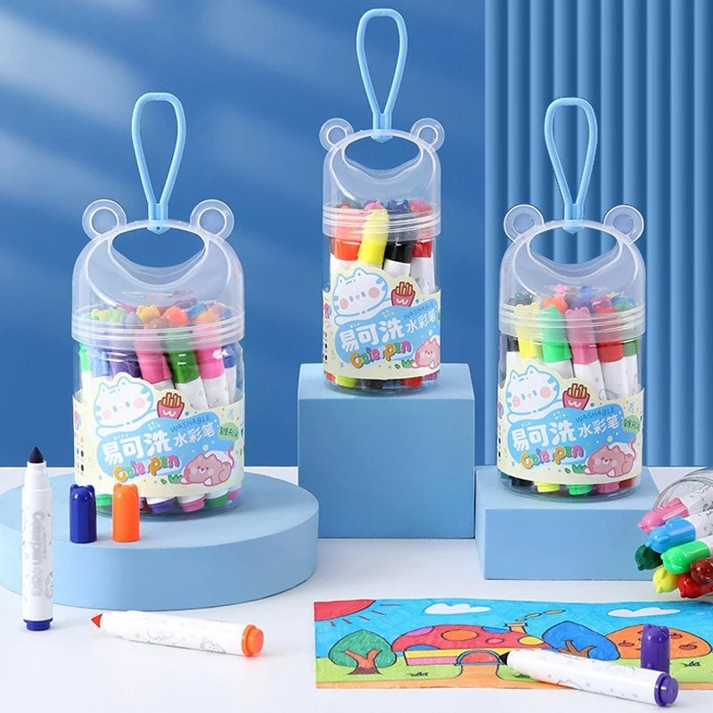 A set of 24 washable art markers for kids in various colors displayed in clear plastic containers on a white surface.