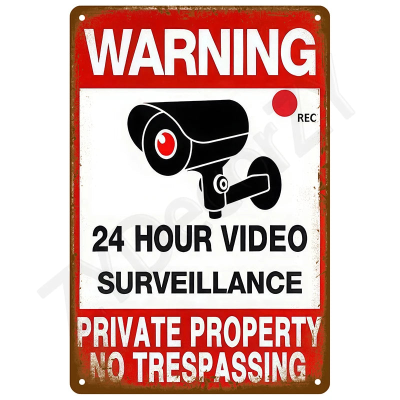 A vintage metal tin sign with a red background and white text warning about 24 hour video surveillance and private property n