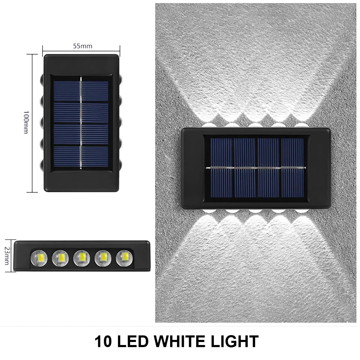 A black solar powered wall light with a photovoltaic panel and a row of 10 LED white lights illuminating a gray wall.