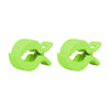 A pair of bright lime green stroller blanket clips, designed as universal holders for prams and carriers.