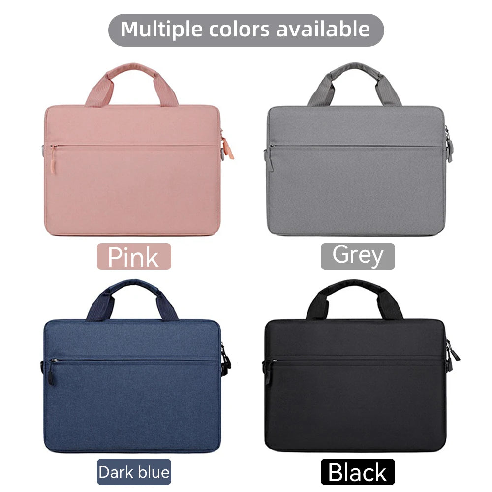 A set of four waterproof nylon laptop sleeves in pink, grey, dark blue, and black with carrying handles.