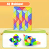 A colorful, translucent puzzle toy with 48 pieces in various rainbow colors and shapes.