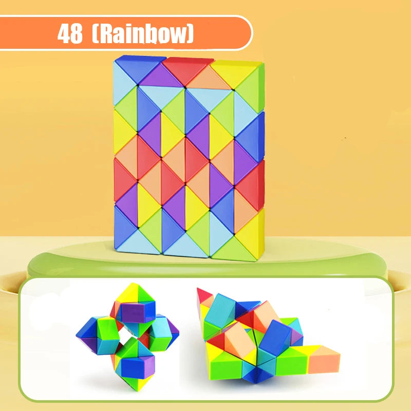 A colorful, translucent puzzle toy with 48 pieces in various rainbow colors and shapes.