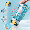 A hand holds a blue cartoon straw water bottle with a yellow leakproof lid, shown alongside various angles.