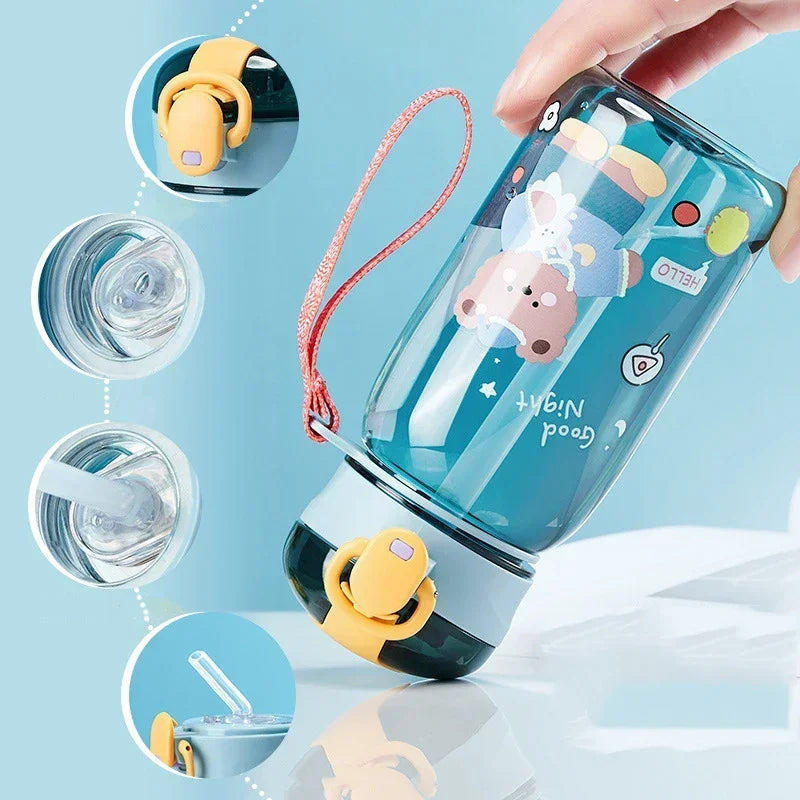 A hand holds a blue cartoon straw water bottle with a yellow leakproof lid, shown alongside various angles.