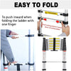 A folding aluminium extension ladder shown being used to push inward with one finger.