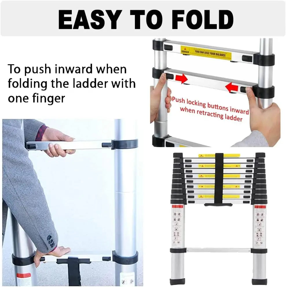 A folding aluminium extension ladder shown being used to push inward with one finger.