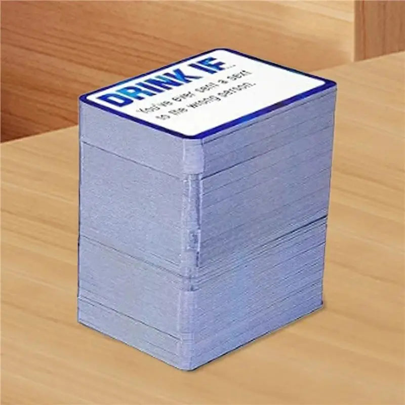 A stack of blue and white cards with the text DRINK IF you ever sell a shirt to the wrong person.