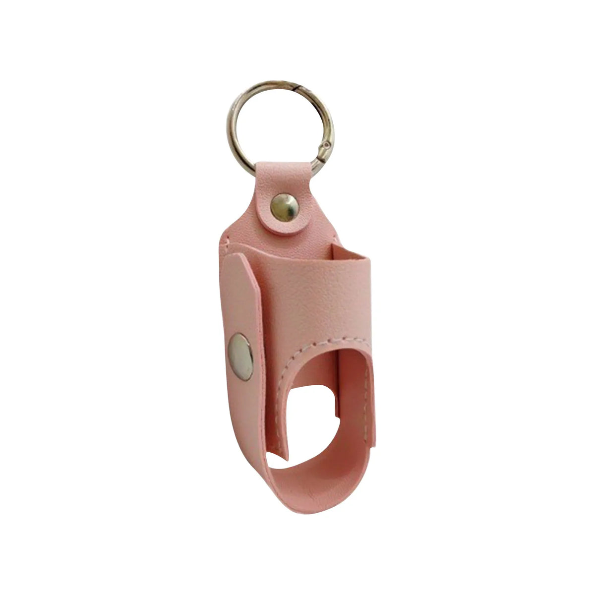 A pink PU leather inhaler case with a metal keychain ring and clasp.