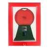A vintage rotating candy display frame with a red border and a green base.