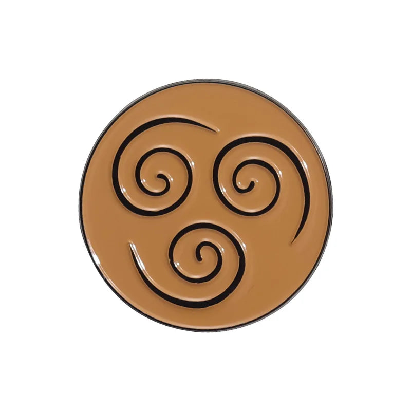 A set of enamel brooch pins featuring a brown, circular design with swirling patterns.