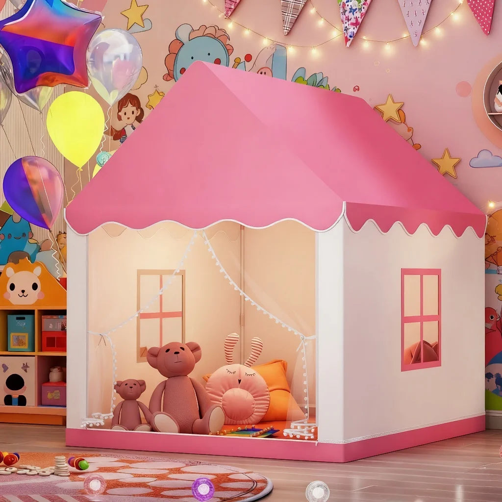 A pink play tent shaped like a house with a pitched roof, featuring a clear window and stuffed animals inside.