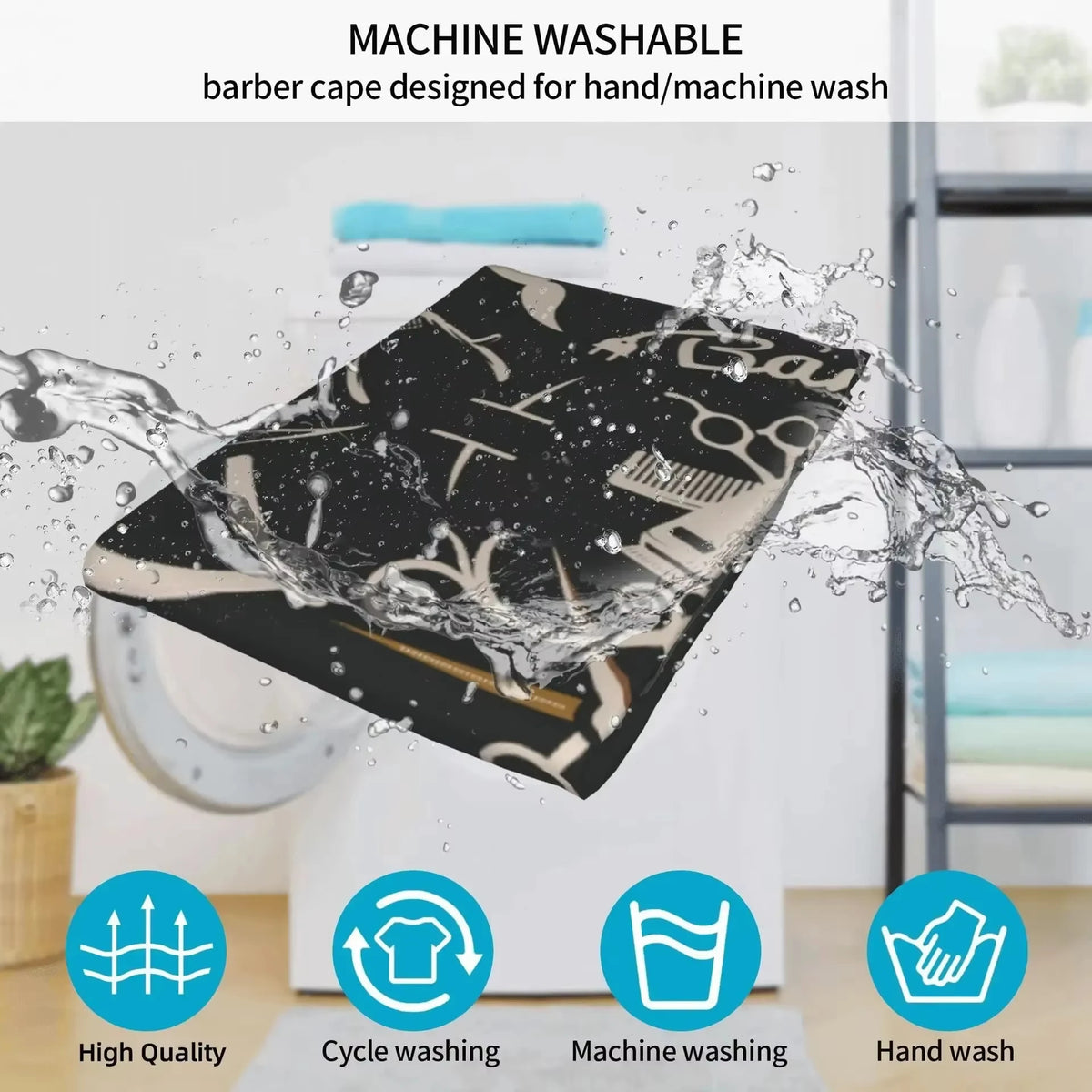 Black waterproof barber cape being washed under running water for hand or machine cleaning