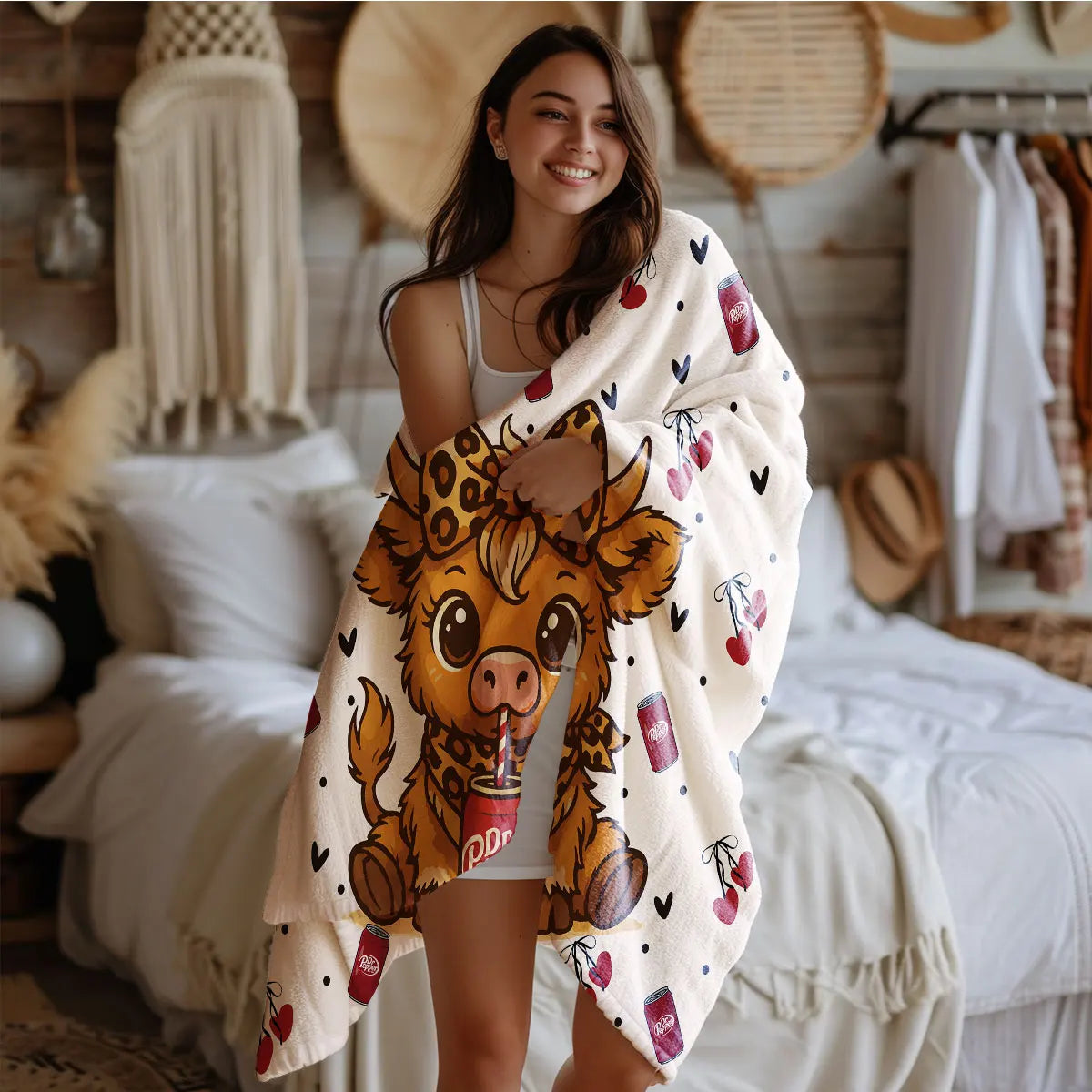 Cartoon Highland Cow Print Flannel Blanket