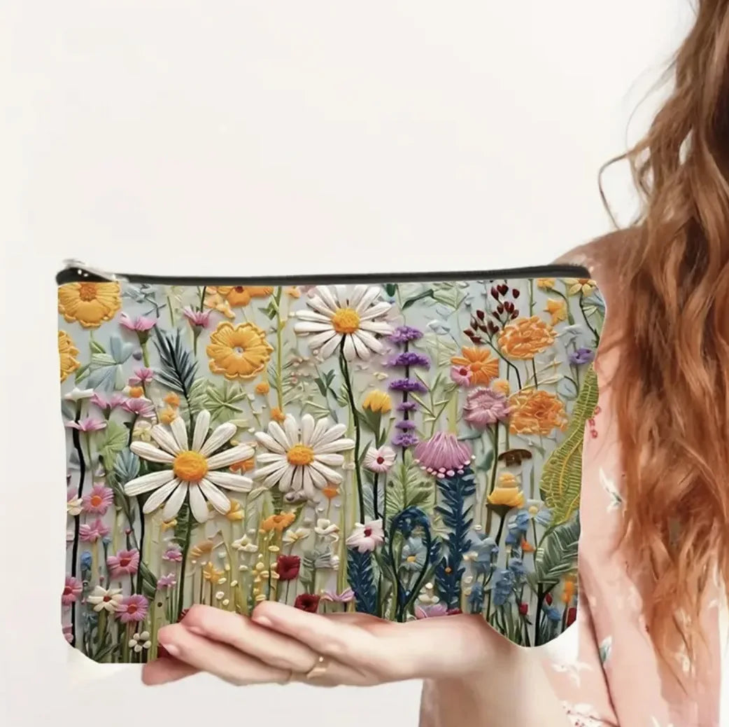 Floral Print Canvas Makeup Bag with Double-Sided Design