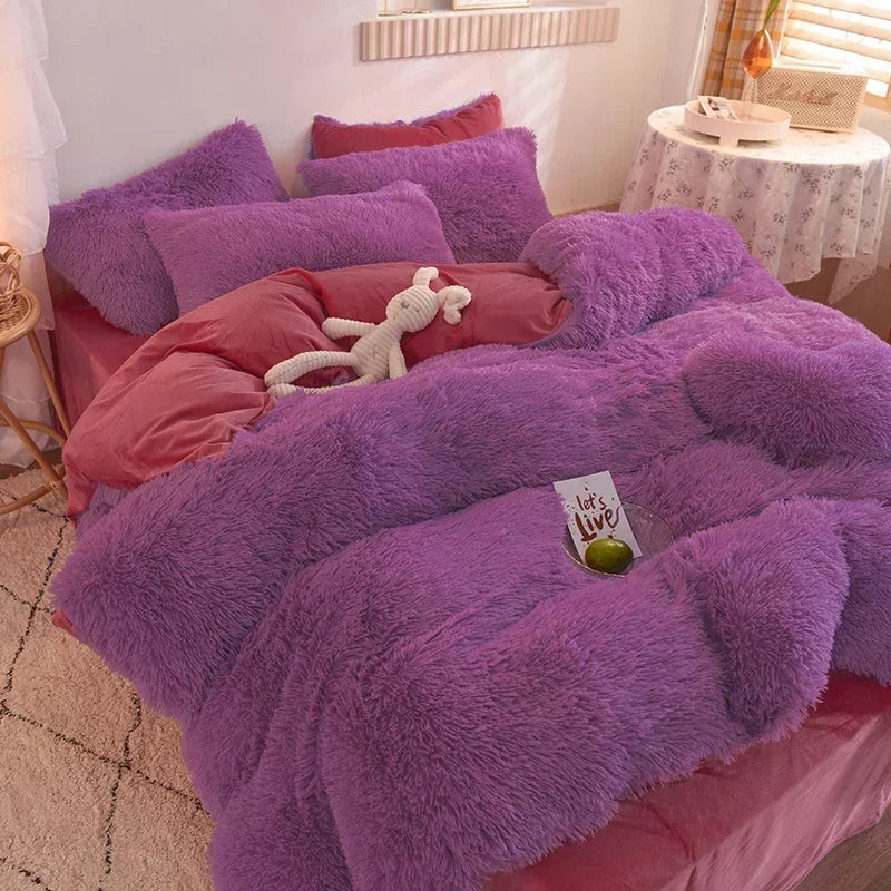 A purple plush mink velvet duvet cover set with sheets featuring pink accents and a white stuffed animal.