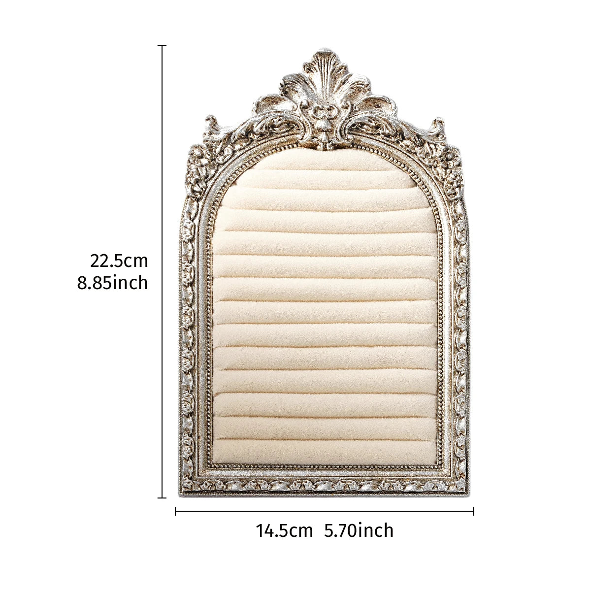 An arched resin jewelry display stand with a hand-painted floral design in a beige color.