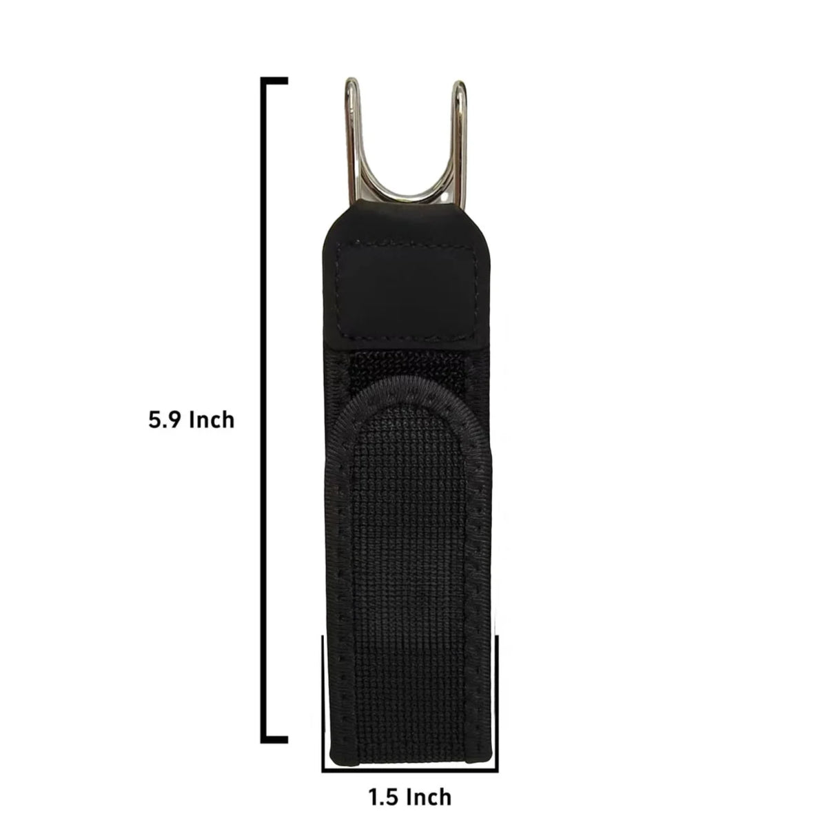 Black elastic waist belt with a silver metal buckle and Velcro closure