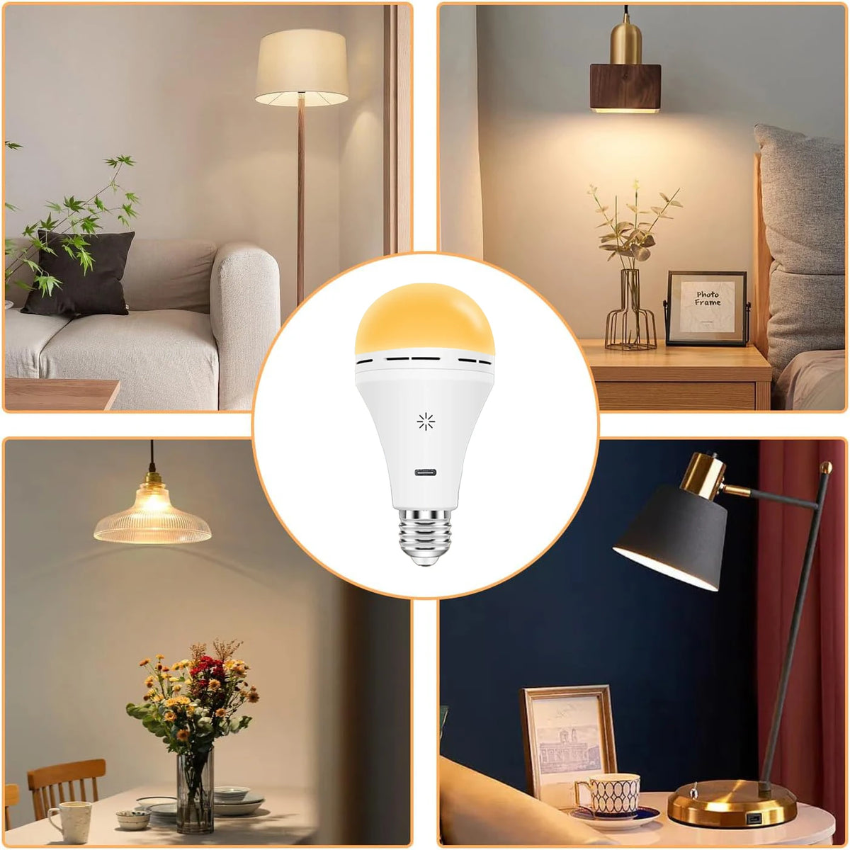 A white USB-C rechargeable LED light bulb is shown in a circular inset, surrounded by various interior lighting setups.