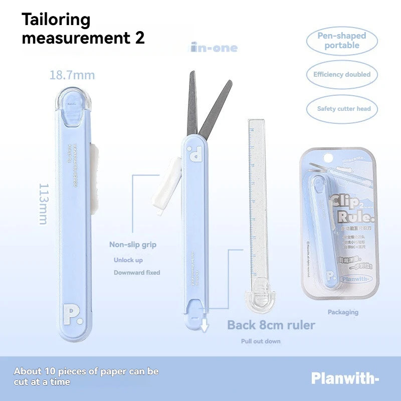 A light blue pen-shaped tool featuring scissors and a ruler, demonstrating its 2-in-1 functionality.