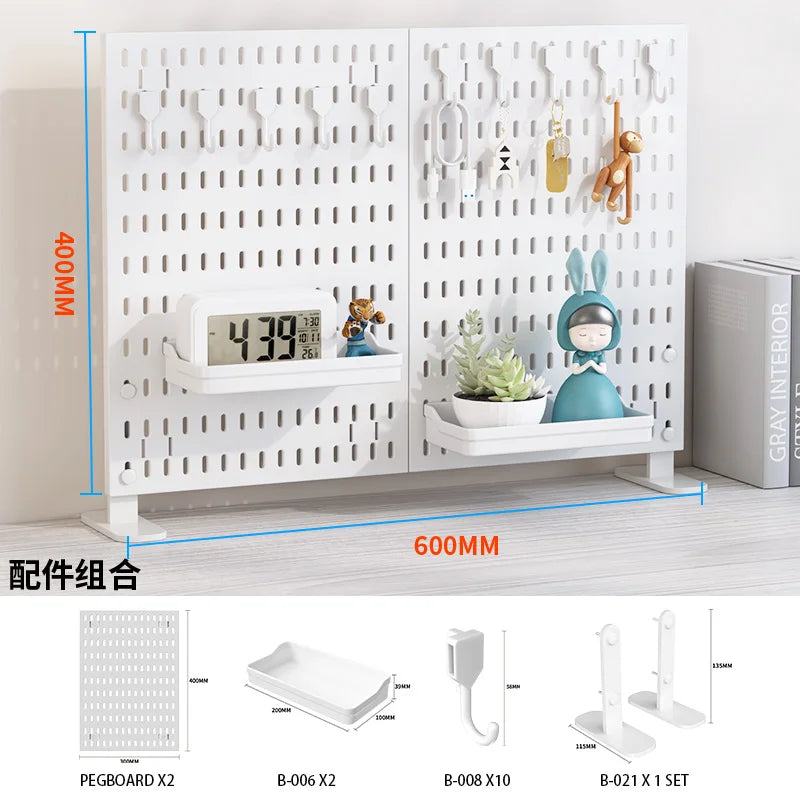 A white desktop pegboard organizer featuring multiple shelves, hooks, and storage slots for various items.