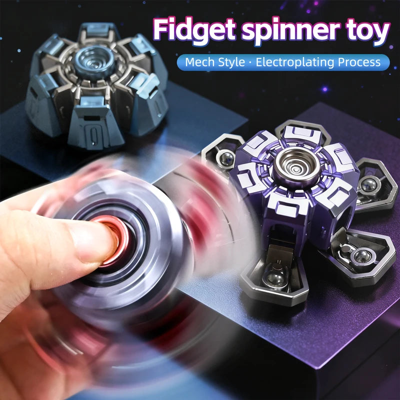A hand spins a purple fidget spinner toy made using the electroplating process.