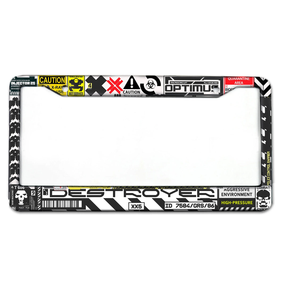 Black and white license plate frame with various warning labels and an Optimus theme.