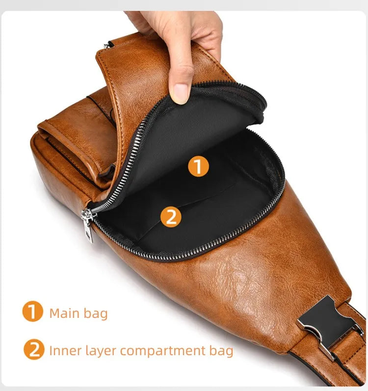 Braunes PU-Leder-Gürteltasche mit Crossbody-Sling, die Haupt- und Innentasche zeigt.