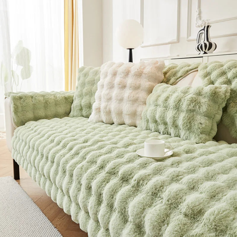 Plush Rabbit-Feel Sofa Cover with Anti-Slip Backing