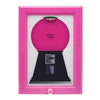 A pink vintage rotating candy display frame with a black base and dust cover.