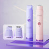 A pink and purple 2-in-1 electric shaver is shown standing upright on a glass surface with close-up views of its pruning and 