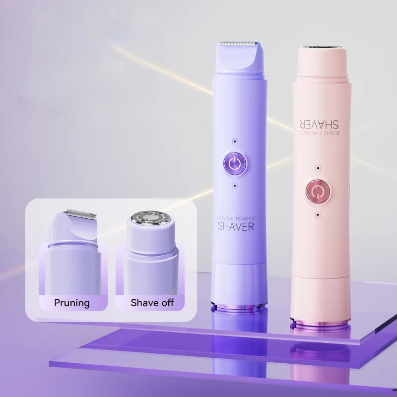 A pink and purple 2-in-1 electric shaver is shown standing upright on a glass surface with close-up views of its pruning and 