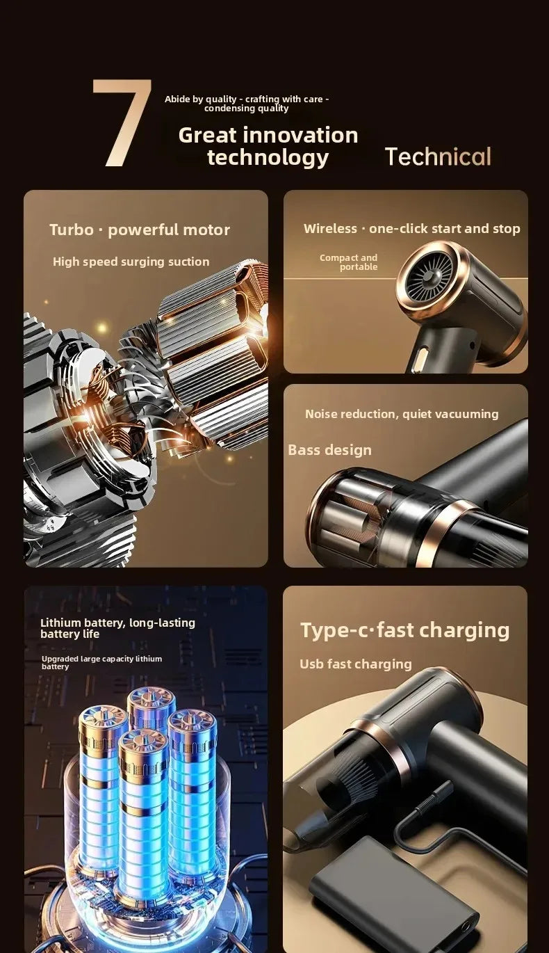 Close-up view of a powerful cordless handheld vacuum cleaner showing its motor, battery, and charging components.