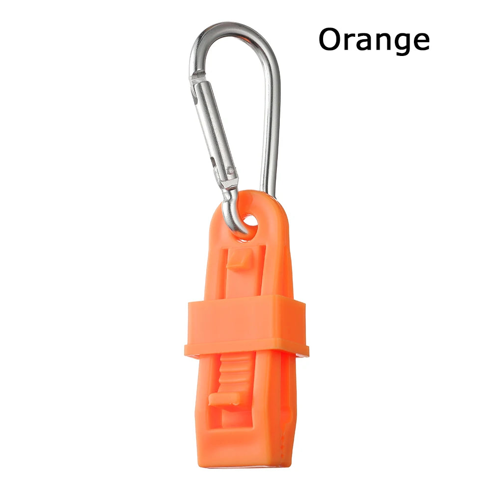 Orange durable glove clip with a silver metal hook and ergonomic grip
