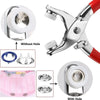 Metal snap button kit with pliers shown with and without a hole for DIY sewing projects