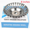 An 8 inch derusting weeding wheel made of twisted wire for gardening tools.